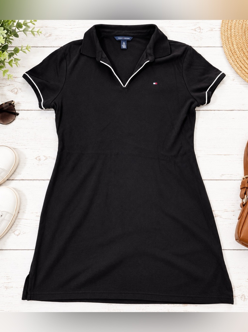 Tommy Hilfiger Black Polo Dress XL White Piping Cotton Preppy Casual